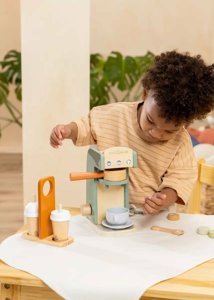 Play Coco Village Pretend Play | Wooden Coffee Maker Set - Seafoam & Tera